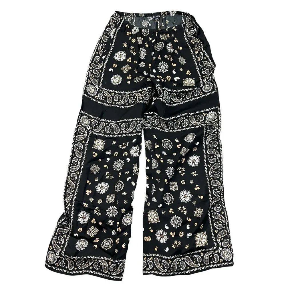J Crew Cosmo Pants SP Petite S Black Bandana Paisley Print Wide Leg CS470